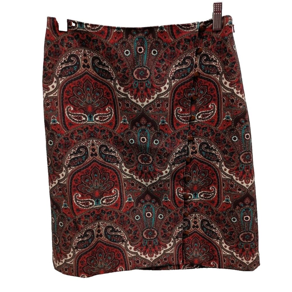 Talbots Womens Paisley Pencil Skirt Size 4 Petite Red Button Detail Classic Mini